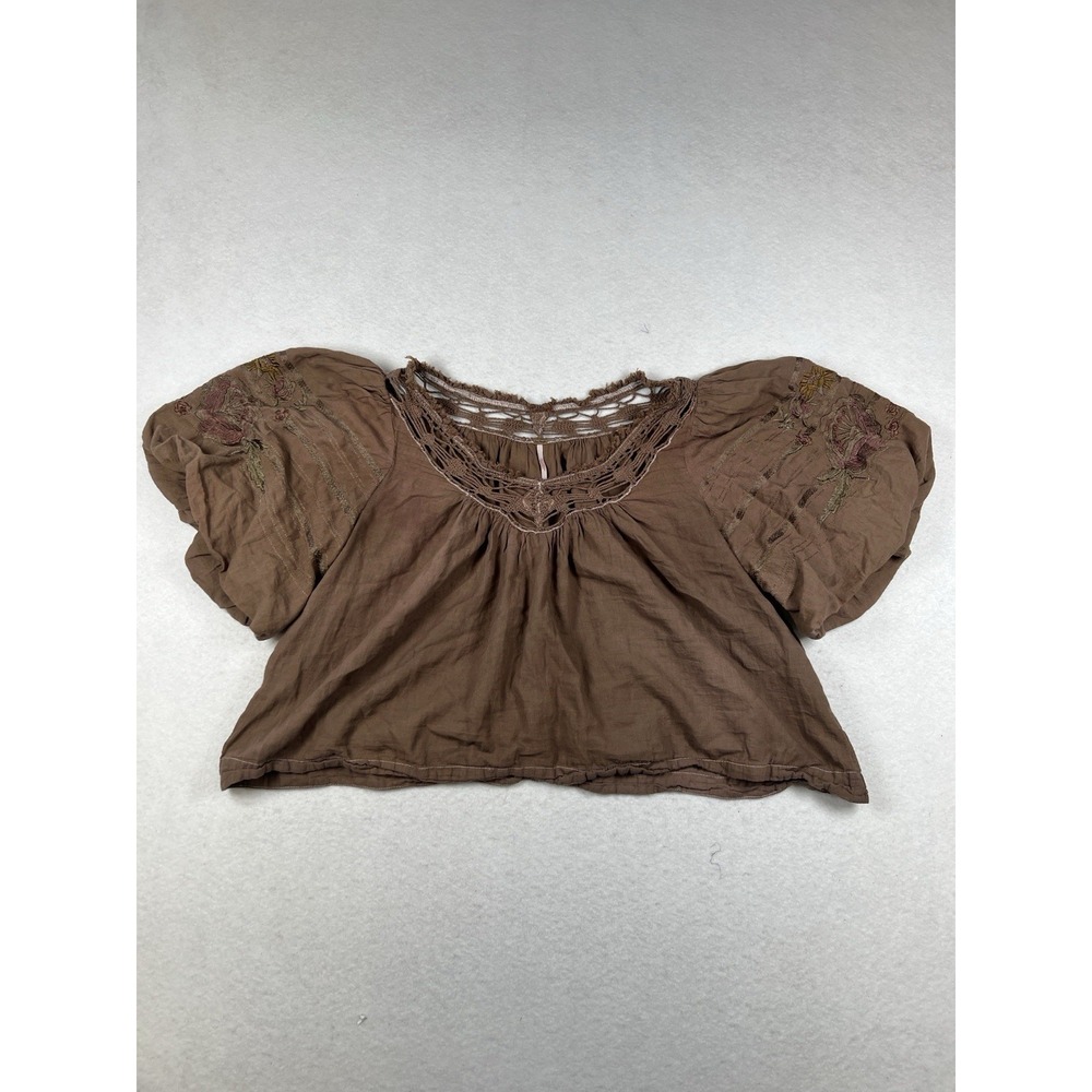 Free People Women's Embroidered Puff Sleeve Brown Crop Top Size XS